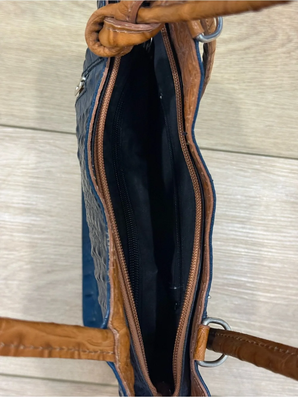 Italian Genuine Leather Croc Embossed Tote Bag Blue Cognac Shoulder Purse - Picture 8 of 12